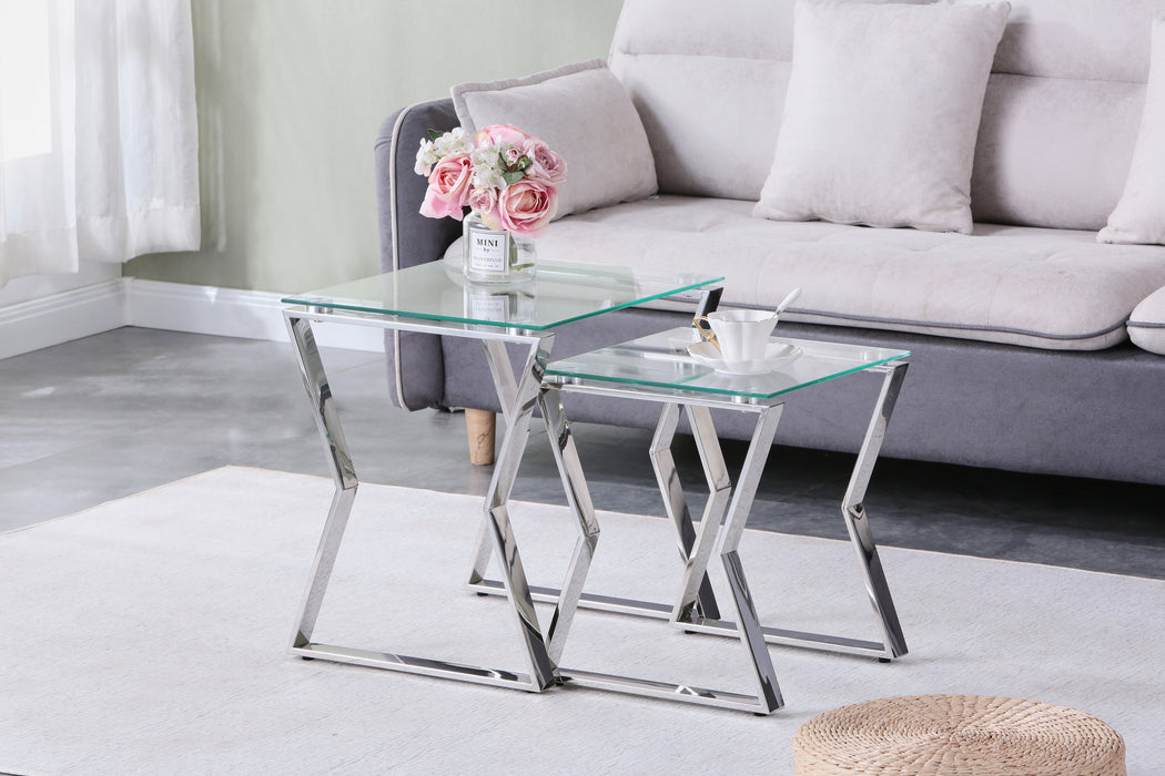 Modern Glass End Table  for Living Room 2 pc - Silver