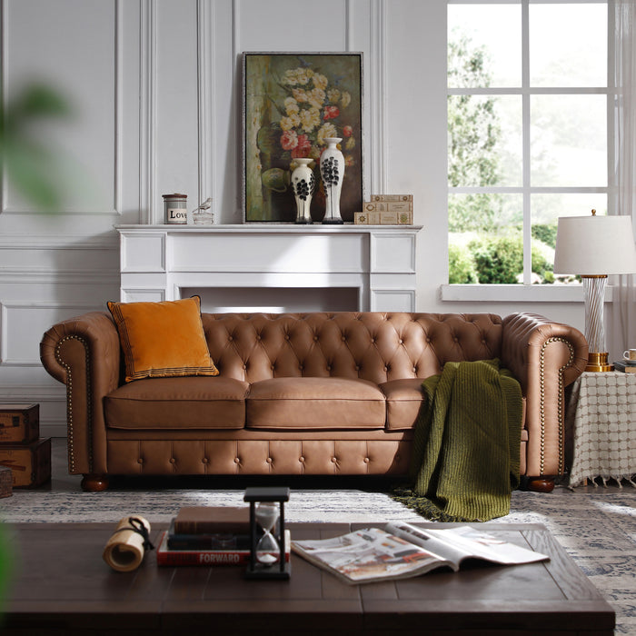 Classic Chesterfield Sofa - Brown Faux Leather