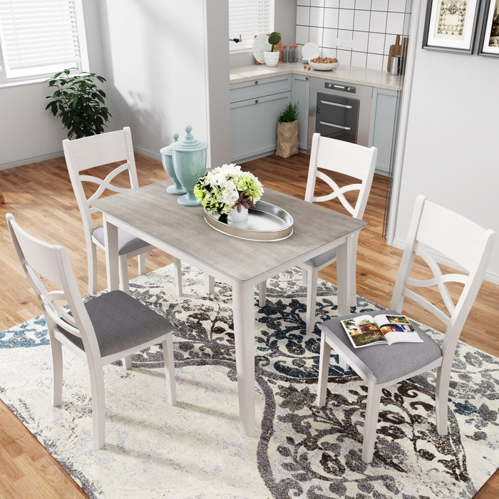 5-Piece Farmhouse Rustic Wood Kitchen Dining Table Set - Light Grey + White