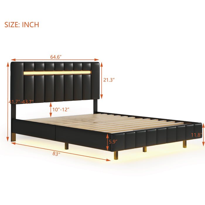 Queen Size Modern Upholstered Platform LED Bed  with LED Lights and USB Charging - Black