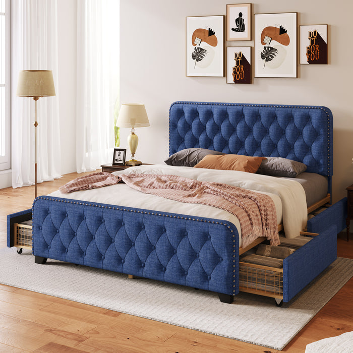 Upholstered Platform Bed Frame with Four Drawers (Blue) Queen