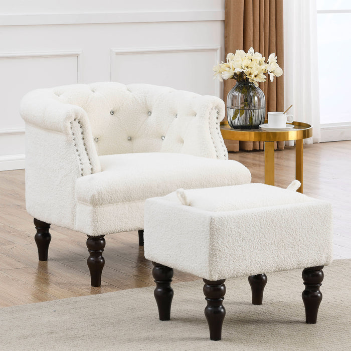 3+1 Combination of Chesterfield sofa and chair, teddy white, two pillows