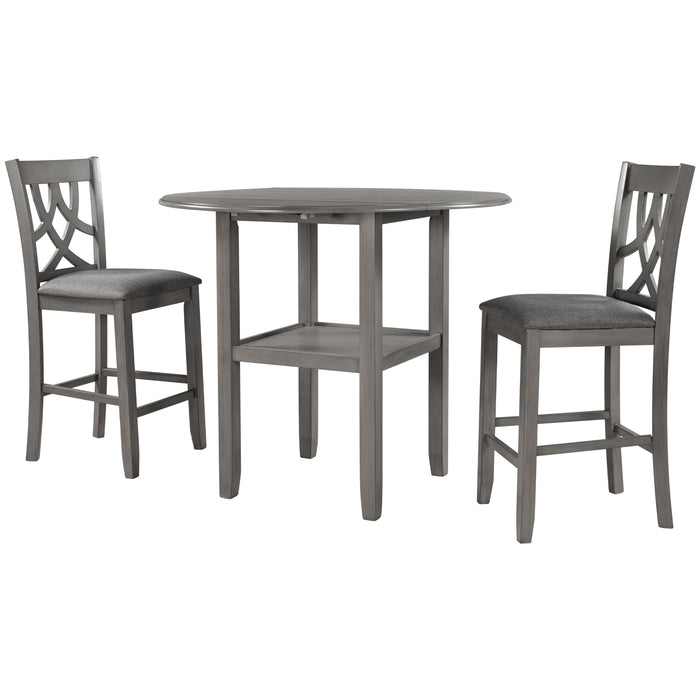 3-Piece Farmhouse Round Counter Height Kitchen Dining Table Set with Drop Leaf Table - Gray