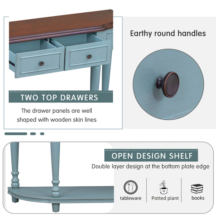 Retro Circular Curved Design Console Table with Open Style Shelf - Cherry + Antique Blue