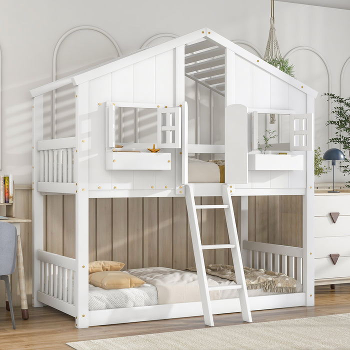 Twin over Twin House Bunk Bed with Roof , Windows - White