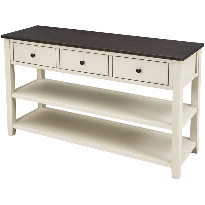 Retro Design Console Table with Two Open Shelves - Espresso + Beige