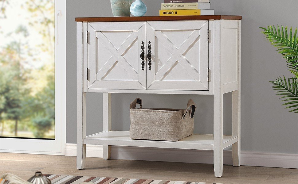 Farmhouse Wood Buffet Console Table- Antique White + Walnut Top