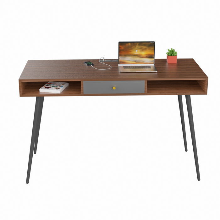 Mid Century Desk with USB Ports and Power Outlet - Walnut