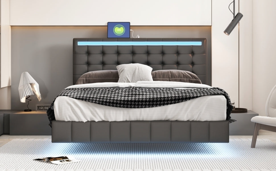 Queen Size Modern Upholstered Platform Bed with LED Lights and USB Charging - Black