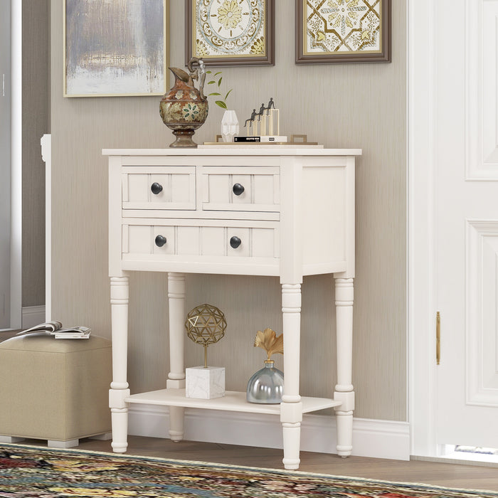 Narrow Console Table with Three Storage Drawers and Bottom Shelf - Ivory White