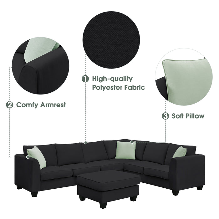 7 Seats Modular Sectional Sofa with Ottoman - Black