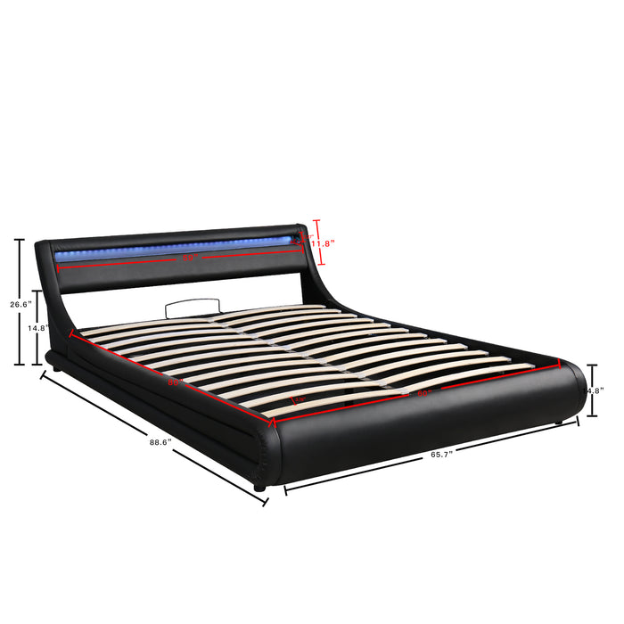 Queen Upholstered Faux Leather Storage Platform bed  with LED Light - Black