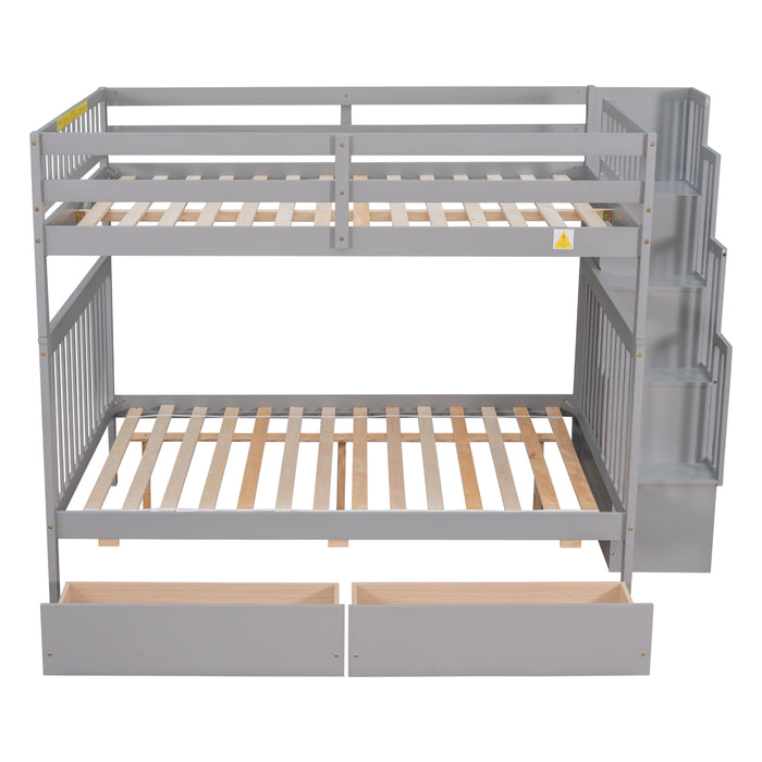 Full Over Full Bunk Bed with 2 Drawers and Staircases - Grey