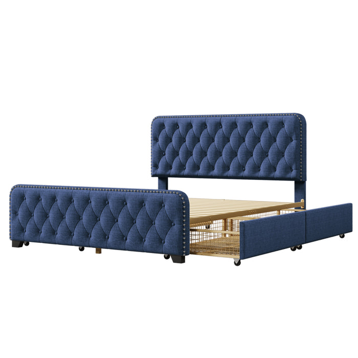 Upholstered Platform Bed Frame with Four Drawers (Blue) Queen