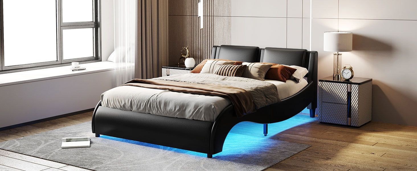 Queen Size Upholstered Faux Leather Platform Bed with LED Light Bed Frame - Black