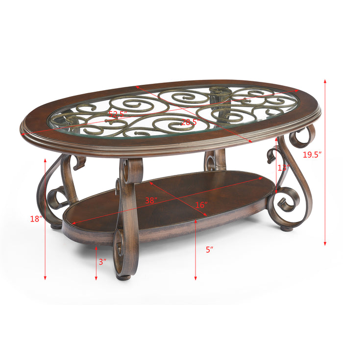 Coffee Table with Glass Table Top - Dark Brown