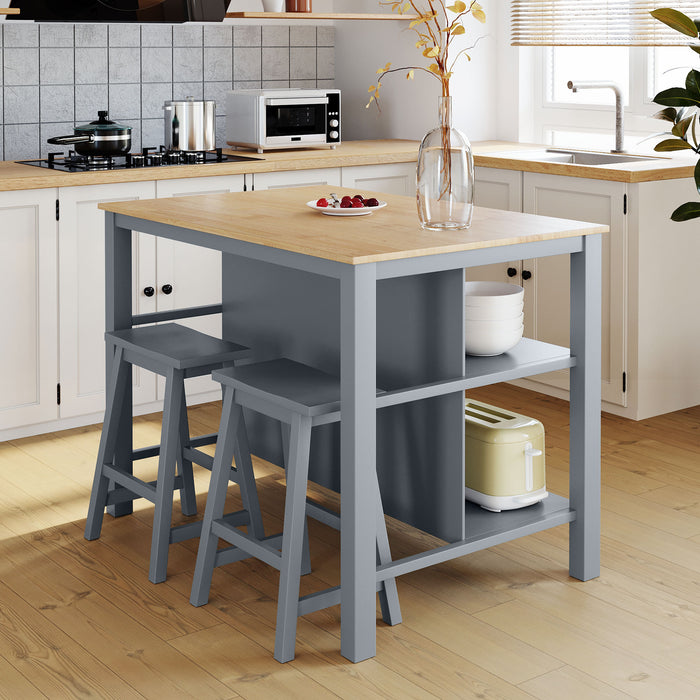 3-piece Solid Wood Rustic  45" Stationary Kitchen Island Set - Natural + Gray