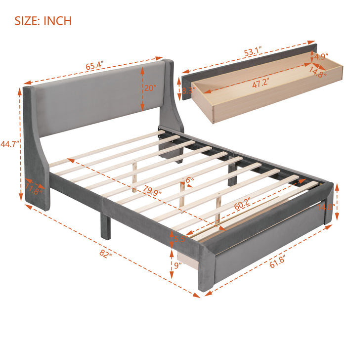 Queen Size Storage Bed Velvet Upholstered Platform Bed with a Big Drawer - Gray