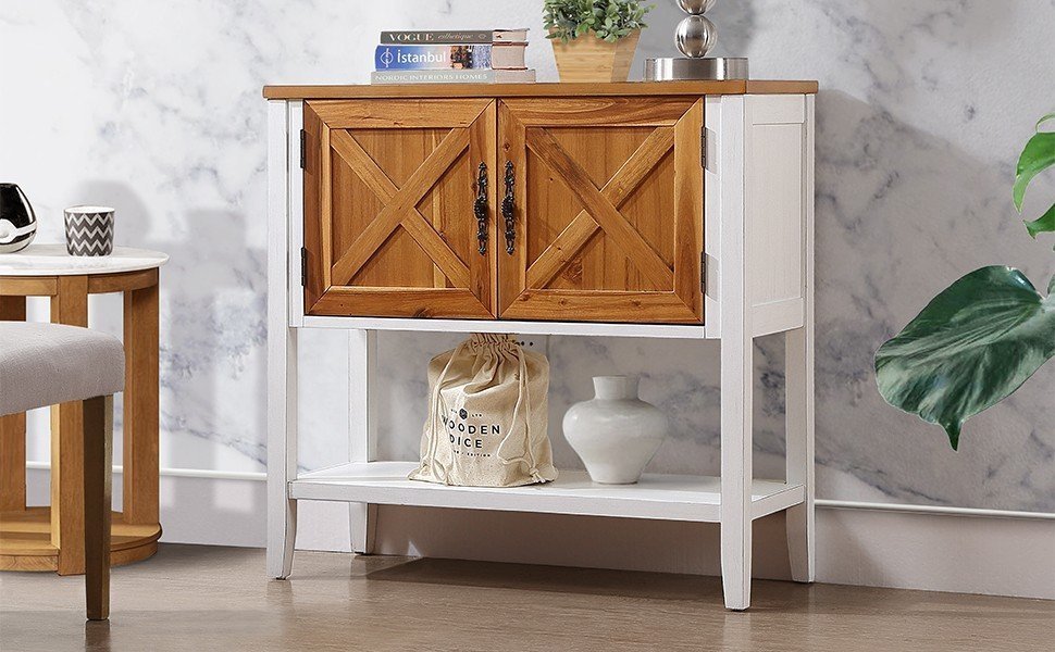 Farmhouse Wood Buffet Console Table - Antique White + Natural Acacia