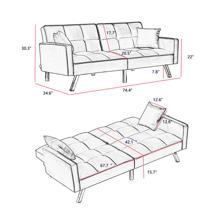 Modern Velvet Sofa Bed with Armrests and 2 Pillows - YELLOW