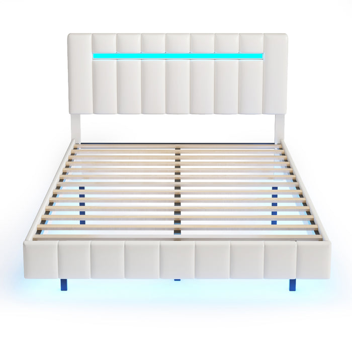 Queen Size Modern Upholstered Platform LED Bed with LED Lights and USB Charging - White