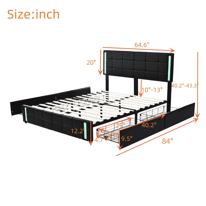 Queen Upholstered  Storage Platform Bed with LED Lights and USB Charging - Black