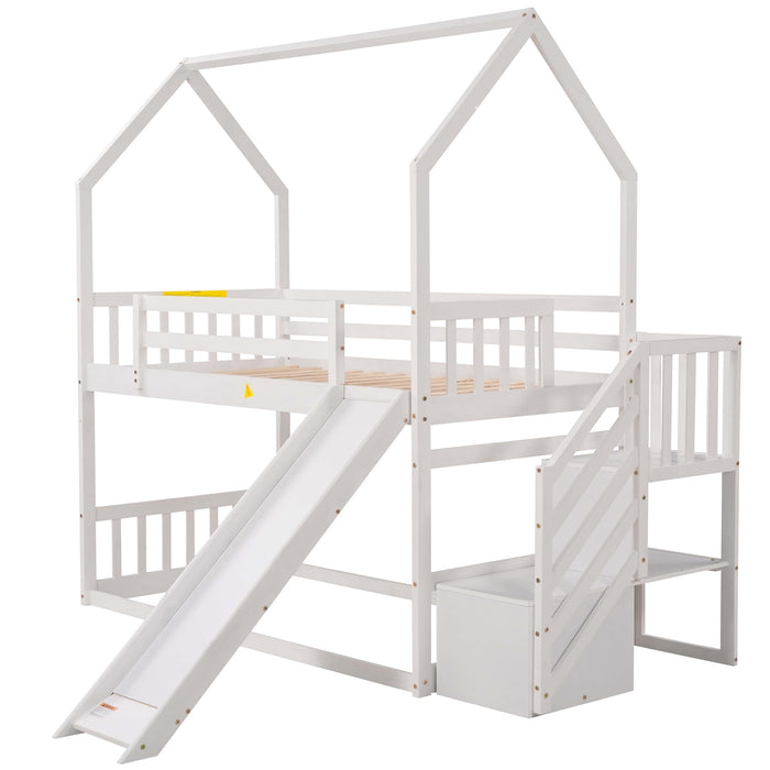 Twin over Twin House Bunk Bed with Convertible Slide, Storage Staircase -White