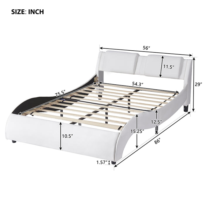 Full Size Upholstered Faux Leather Platform Bed with LED Light Bed Frame - White