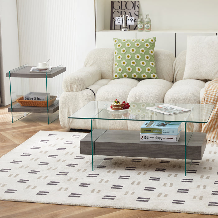 Tempered Glass Coffee table with Dual Shelves and Drawer - transparent/gray