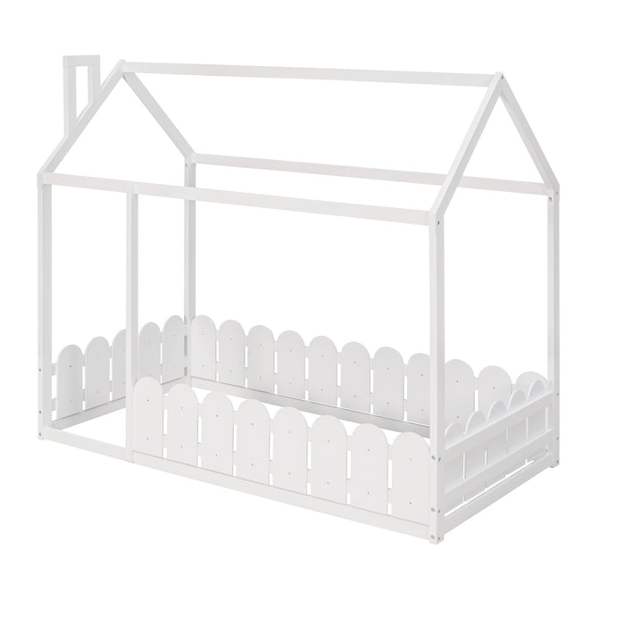 Twin Size Wood Bed House with Fence (White )（Slats are not included)