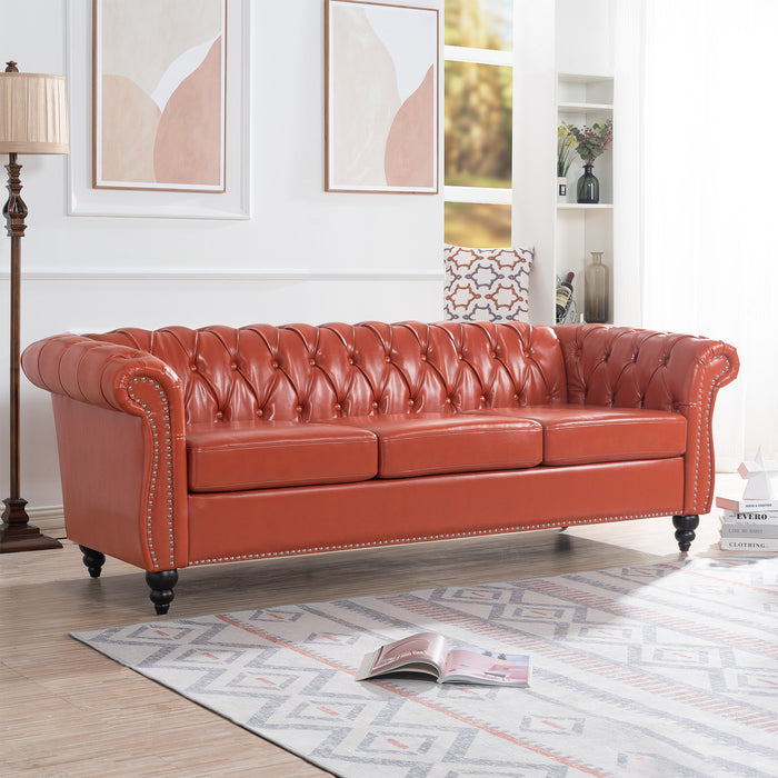 Rolled Arm Chesterfield 3 Seater Sofa - Orange