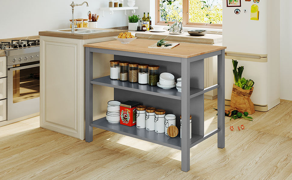 3-piece Solid Wood Rustic  45" Stationary Kitchen Island Set - Natural + Gray