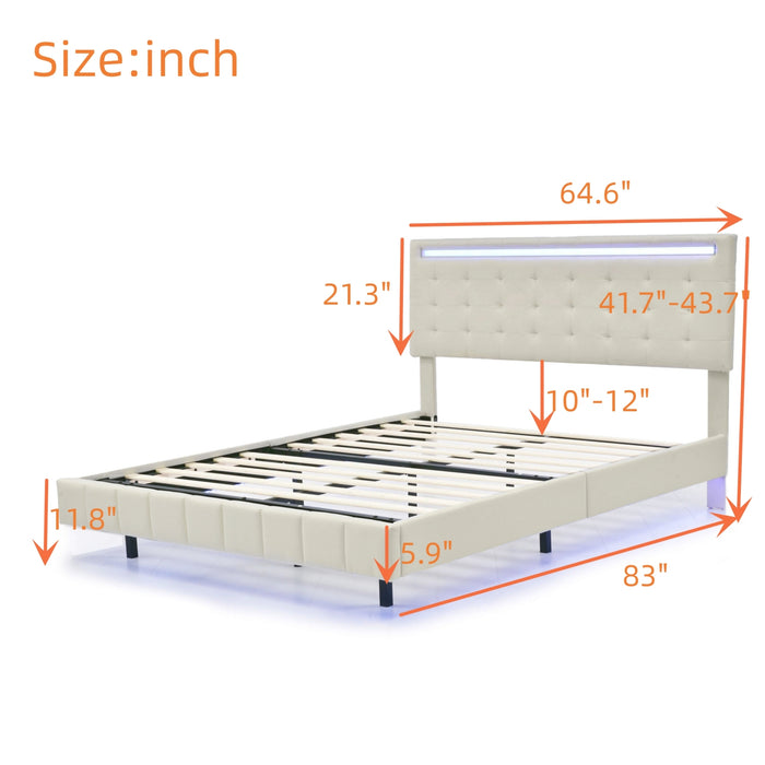 Queen Size Modern Upholstered Platform Floating Bed Frame with LED Lights and USB Charging - Beige