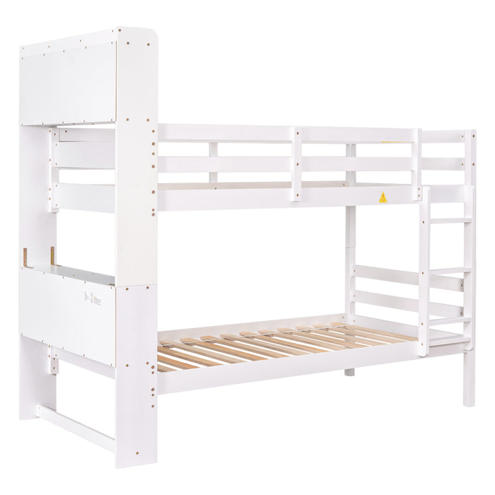 Twin Over Twin Bunk Beds with Bookcase Headboard - White