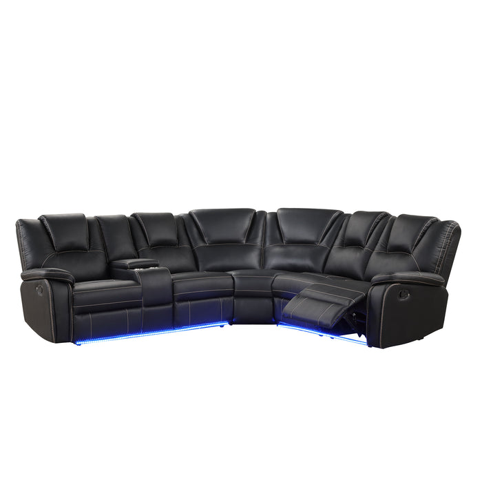 Modern Faux Leather Manual Reclining with Center Console & LED Light - Black