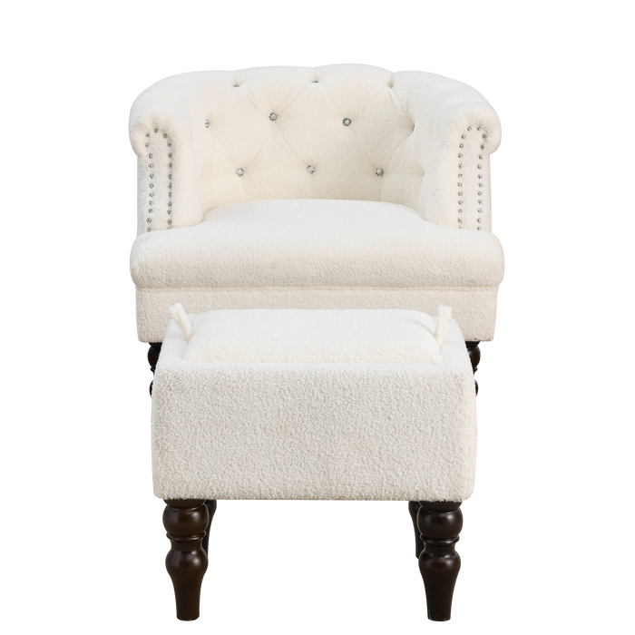 3+1 Combination of Chesterfield sofa and chair, teddy white, two pillows