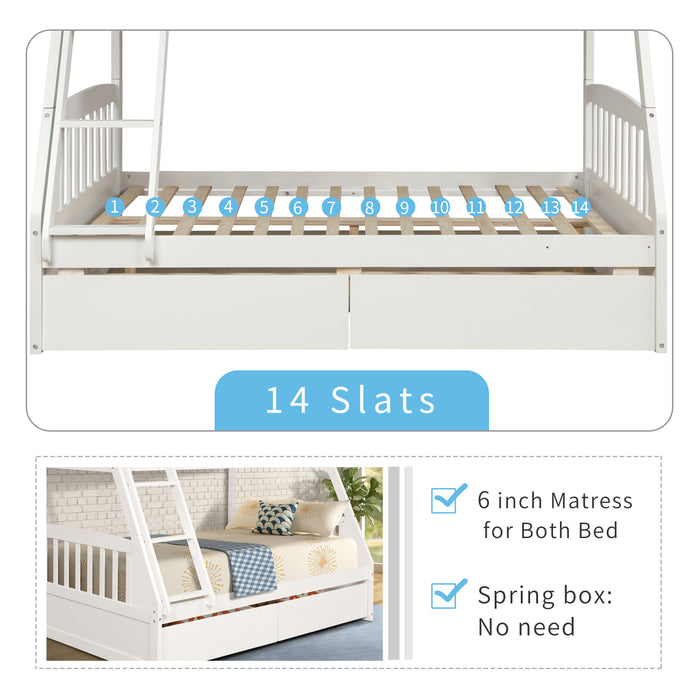 Solid Wood Twin Over Full Bunk Bed with Two Storage Drawers - White