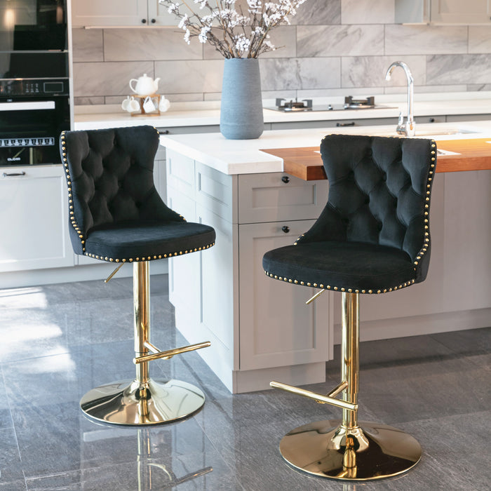 Golden Swivel Velvet Barstools (Black, Set of 2）