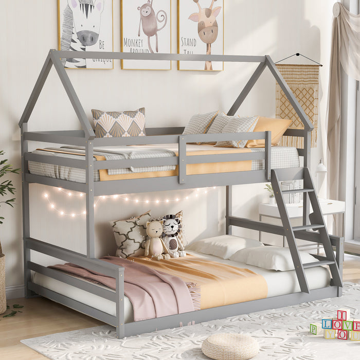 Twin over Full House Bunk Bed with Built-in Ladder - Gray