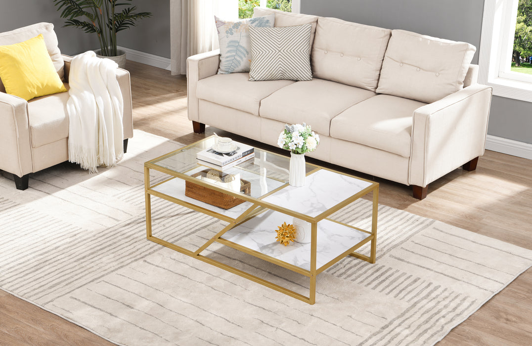 Golden Coffee Table with Storage Shelf - Tempered Glass