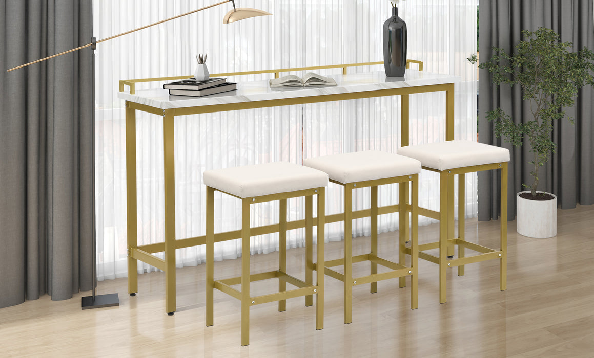 4-Piece Modern Counter Height Extra Long Console Dining Table Set - Gold + Beige