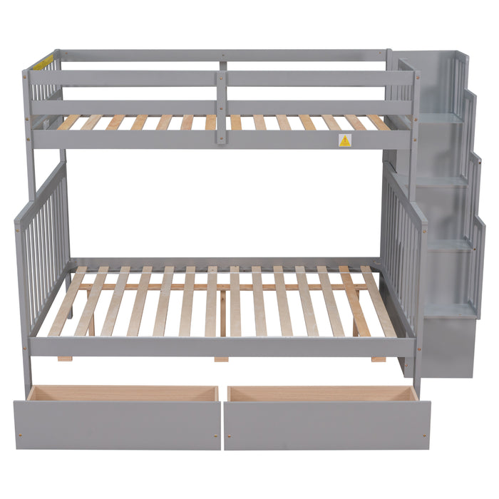 Twin Over Full Convertible Bunk Bed with 2 Drawers and Staircases - Grey