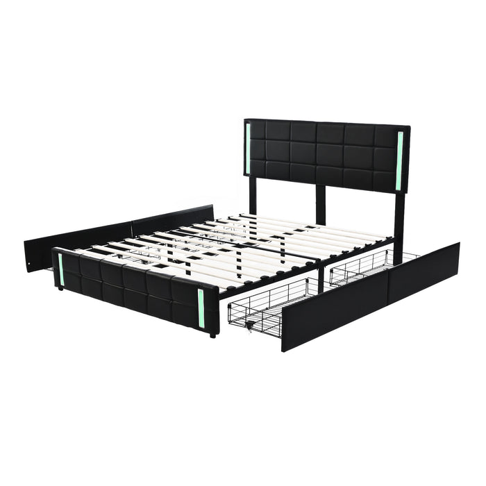 Queen Upholstered  Storage Platform Bed with LED Lights and USB Charging - Black