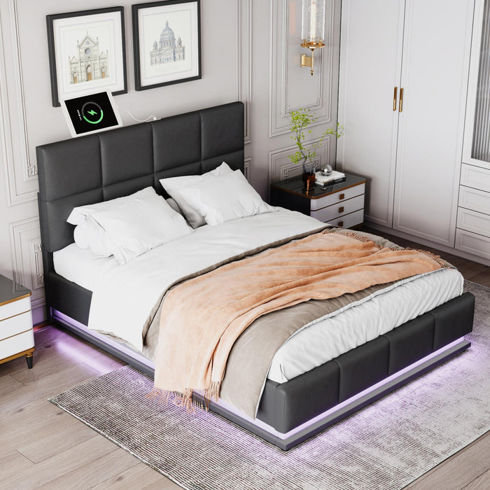 Queen Tufted Upholstered  Storage Platform Bed  with LED Lights and USB charger - Black