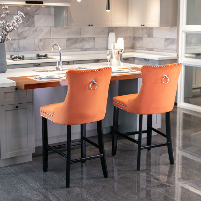 Contemporary Velvet Upholstered Barstools, Set of 2 (Orange)