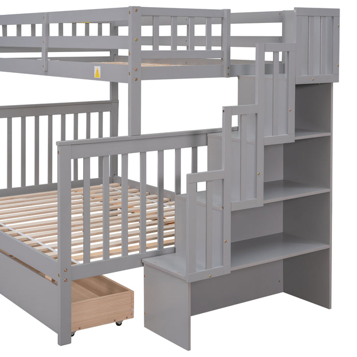 Twin Over Full Convertible Bunk Bed with 2 Drawers and Staircases - Grey