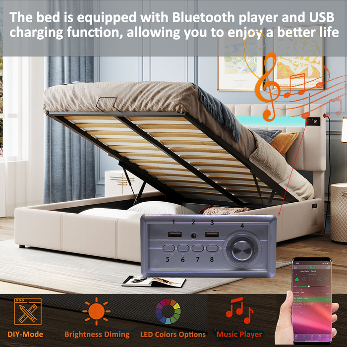 Queen Velvet Upholstered storage Bed with LED light, Bluetooth Player and USB Charging - Beige