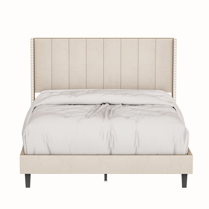 Queen Size Velvet Upholstered Bed Frame with Vertical Channel Tufted Headboard - Beige