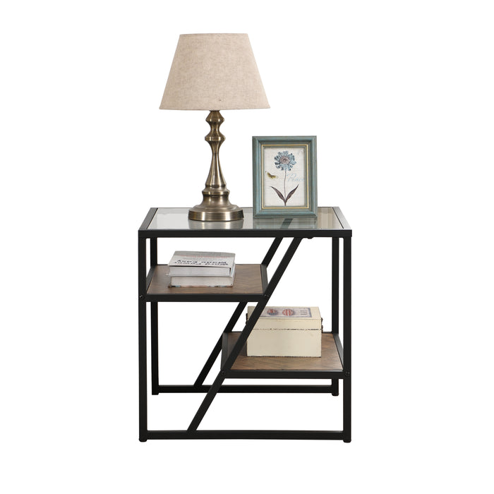 Black Side End Table with Storage Shelf, Tempered Glass