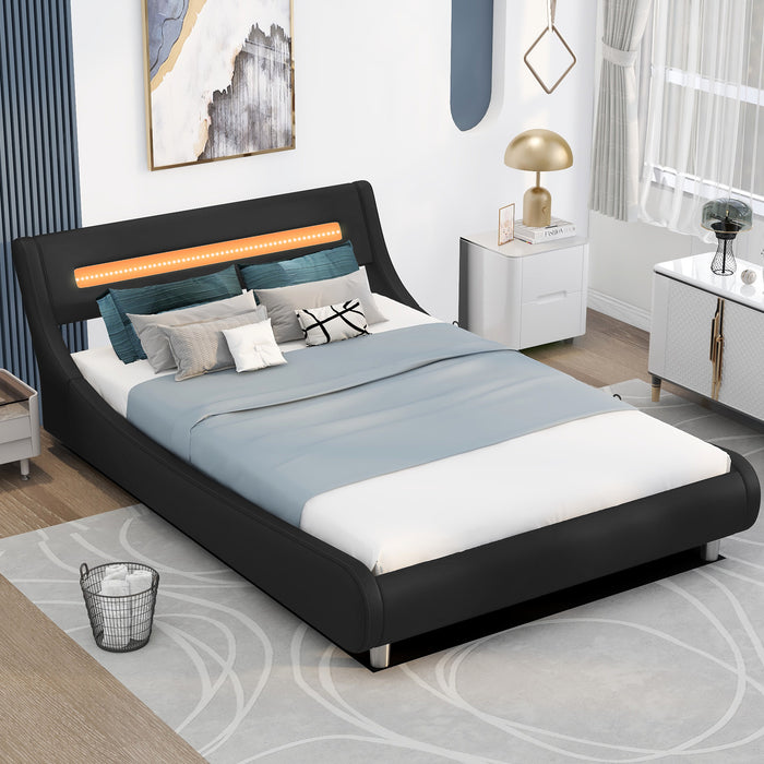 Full Size Low Profile Upholstered Platform Bed with LED headboard. - Black